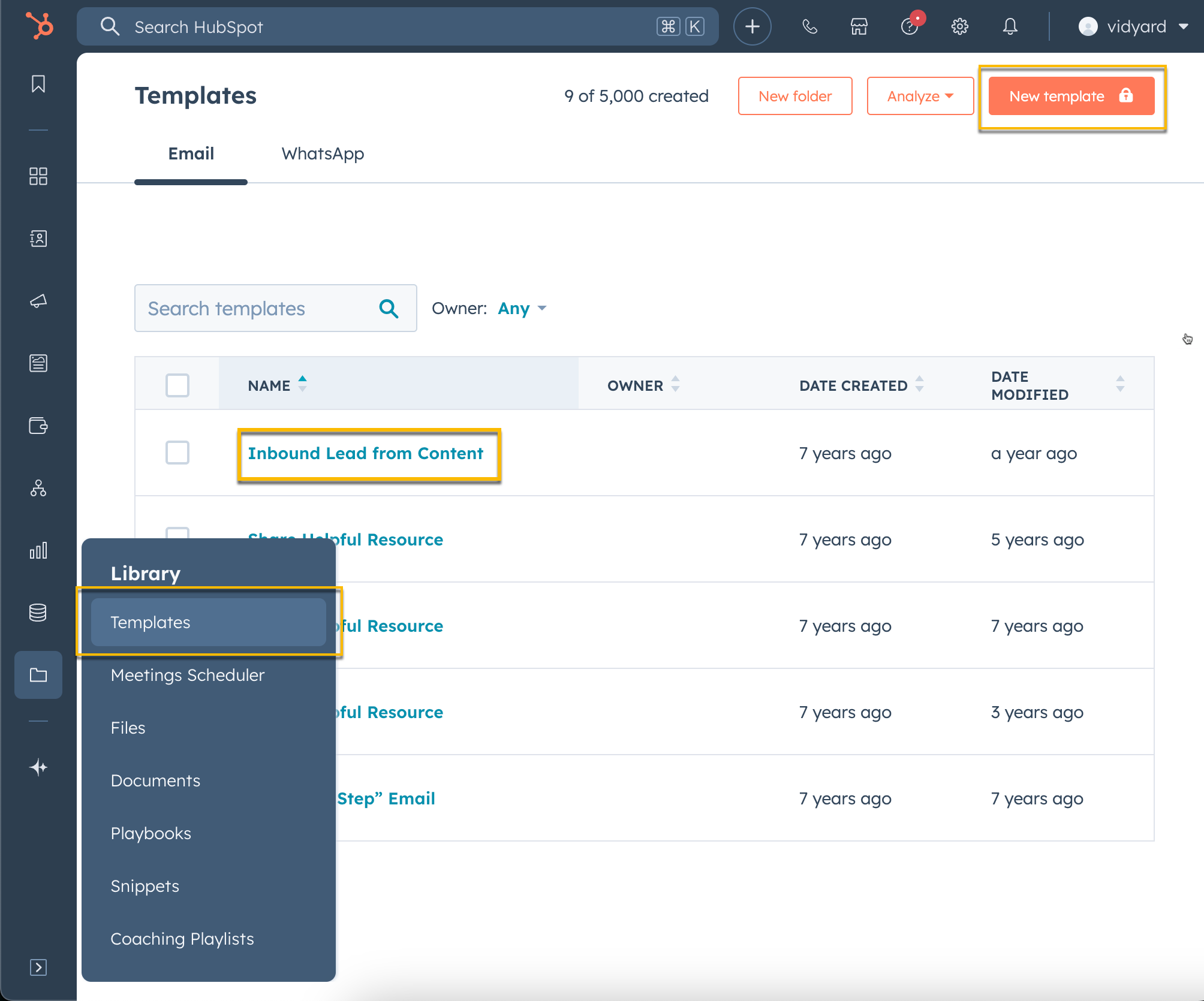 HubSpot main menu open with library selected and template selected from list