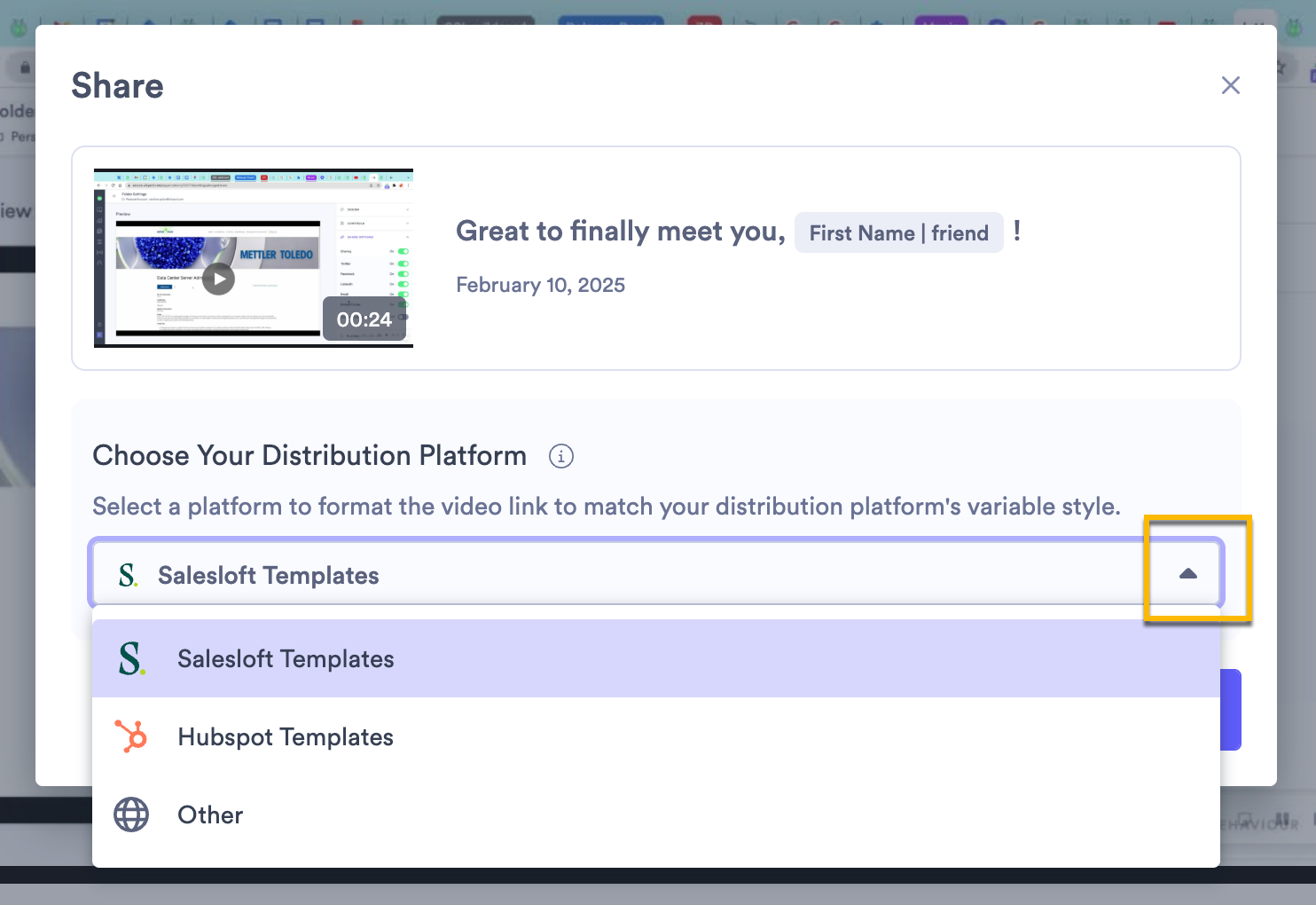 Vidyard sharing modal with distribution platform menu open and option highlighted