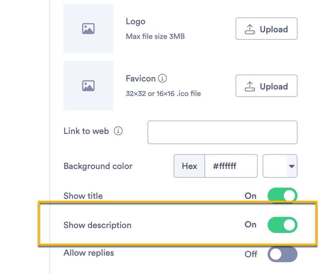 Vidyard sharing page design section with toggle to show video description set to on