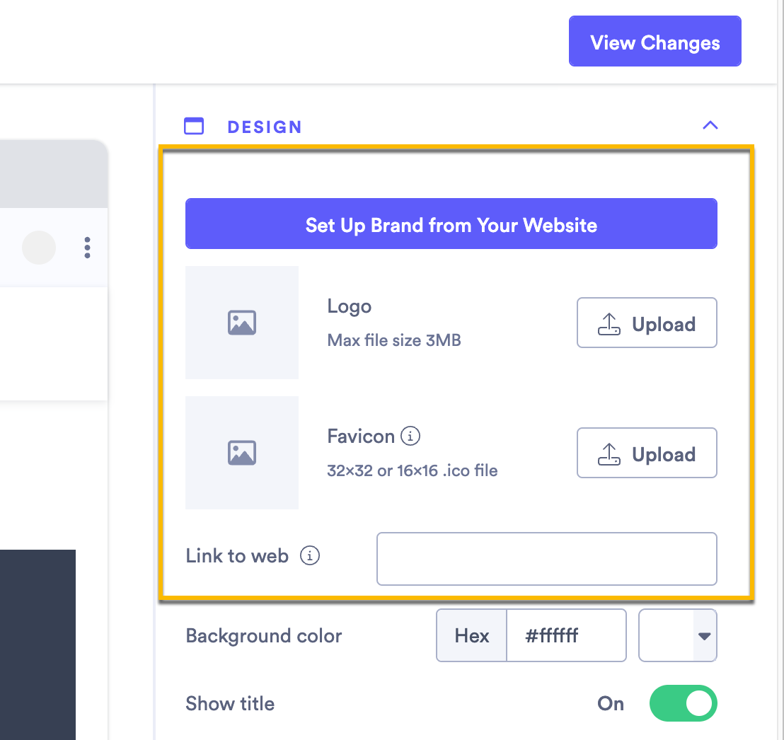 Vidyard sharing page design section, with upload buttons for logo and favicon files as well as a link to company branding