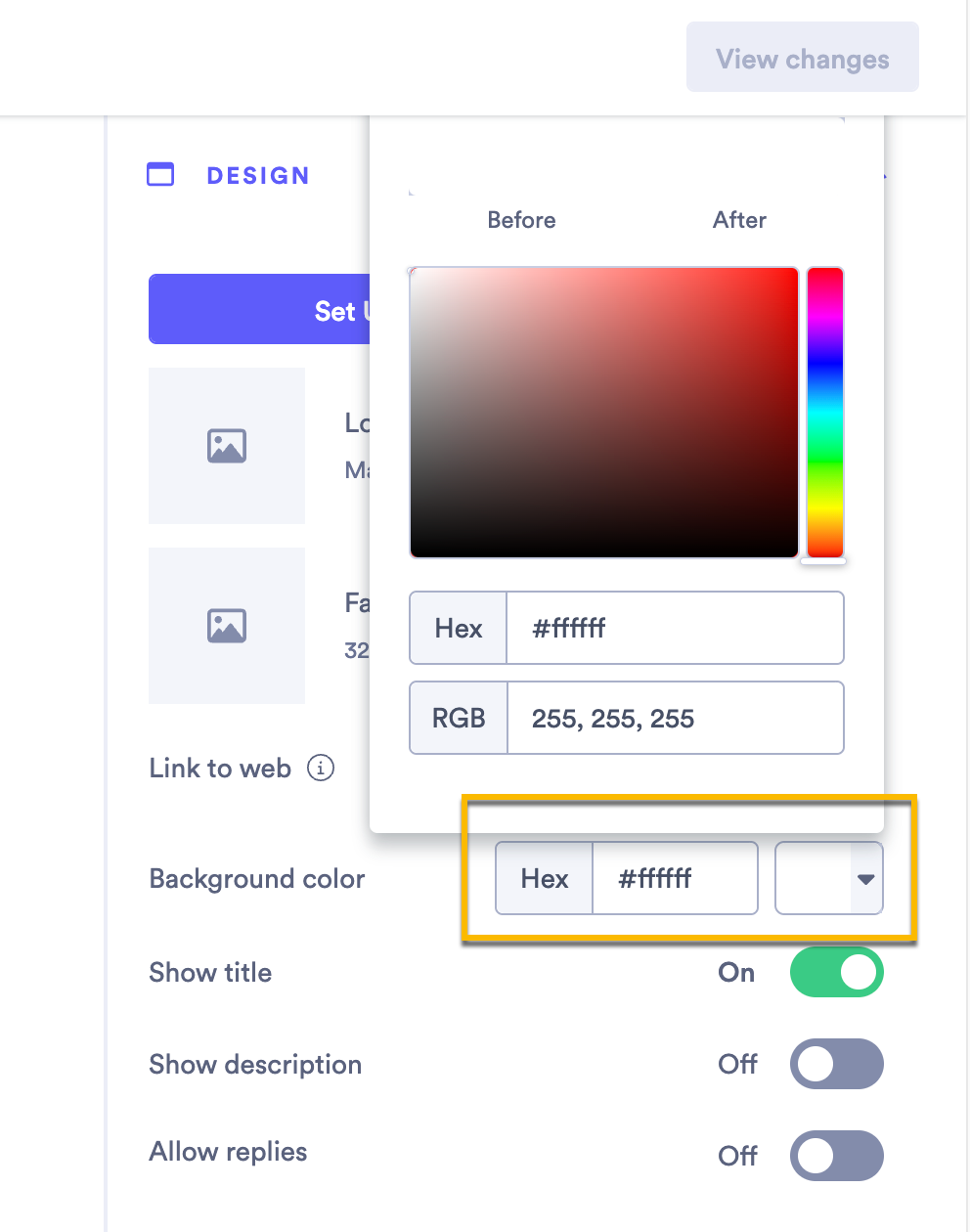 Background section of Vidyard sharing page settings with options to change background color