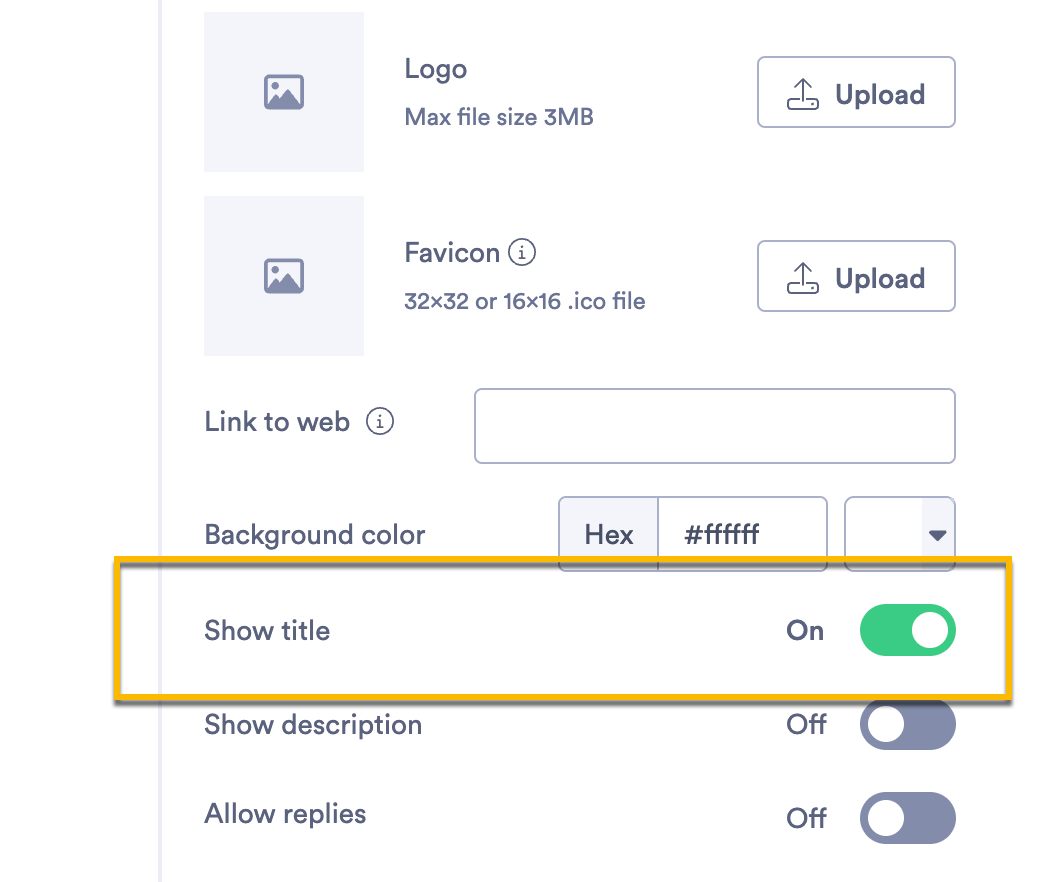Vidyard sharing page design section with Show Title toggle turned to On position