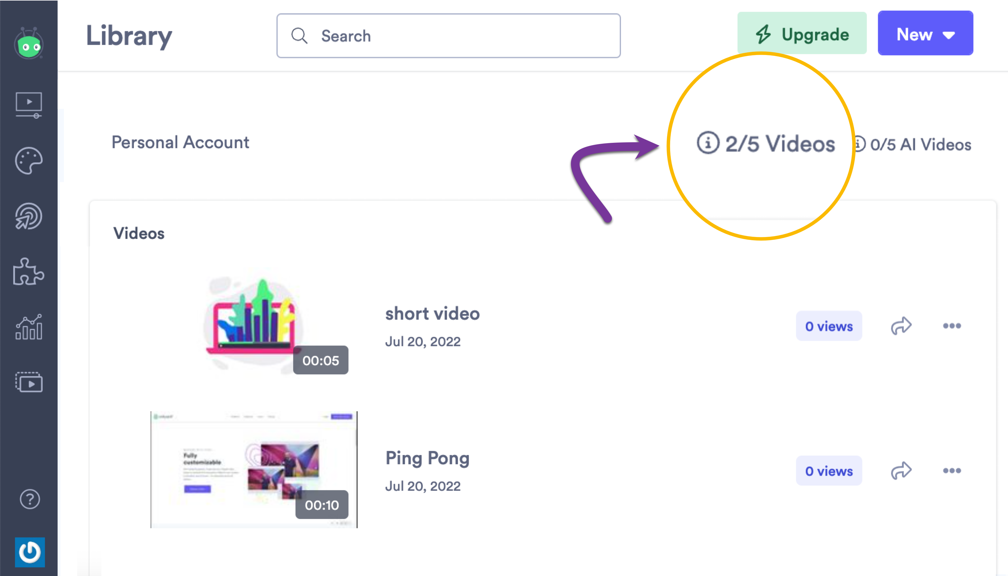 Your video usage limit in the top-right corner of your library, indicating how many more videos you can create this month