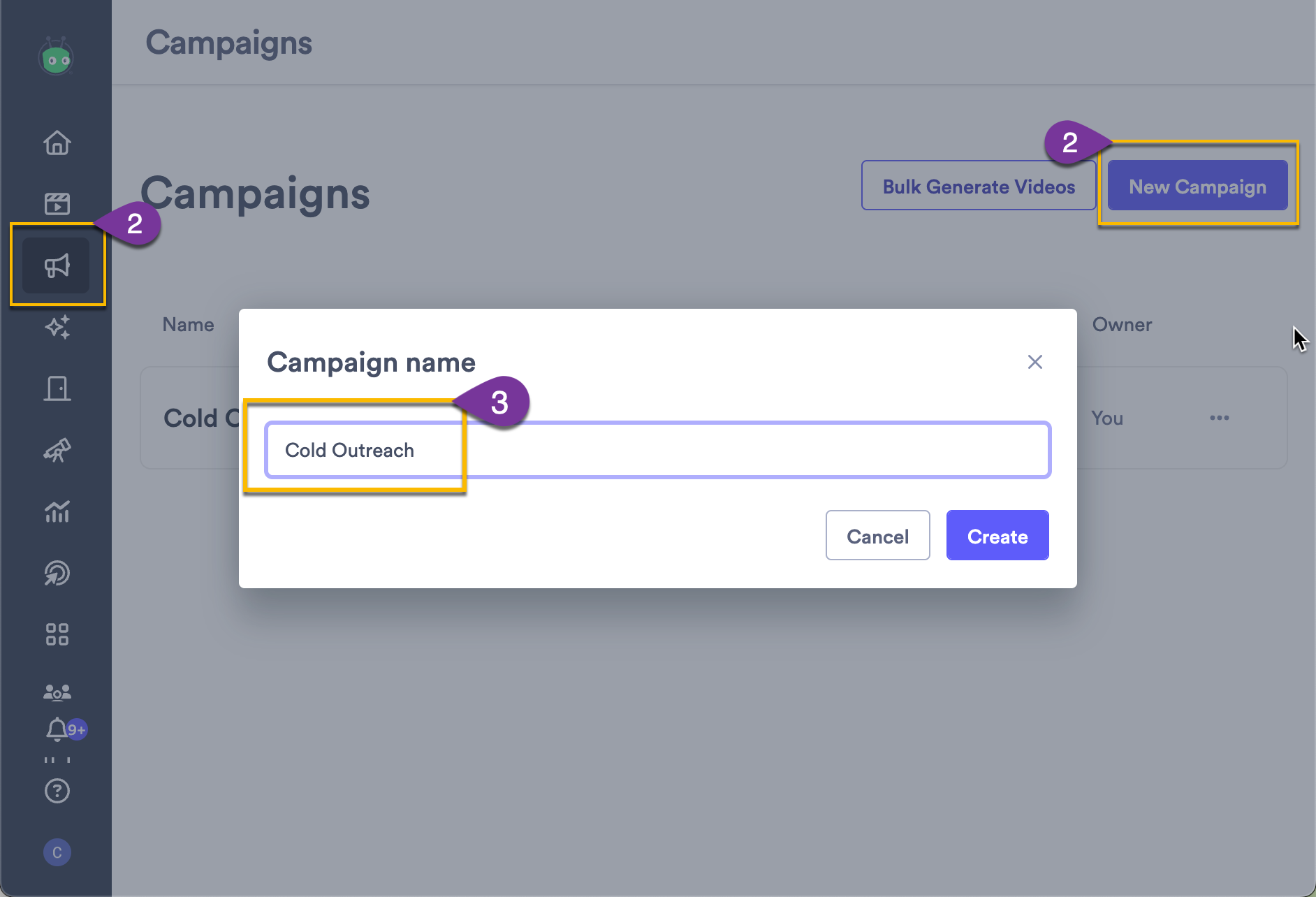 Campaign creation screen with create button pressed and campaign name entered