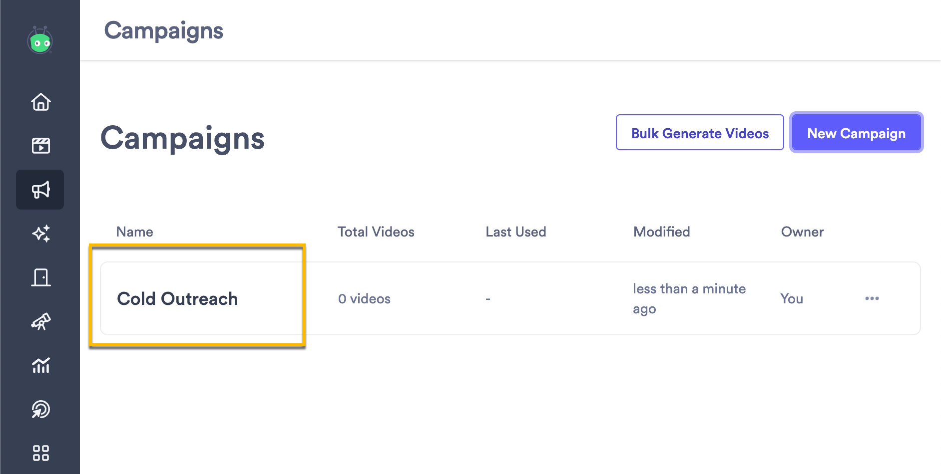 List of Campaigns in Vidyard, with one campaign highlighted