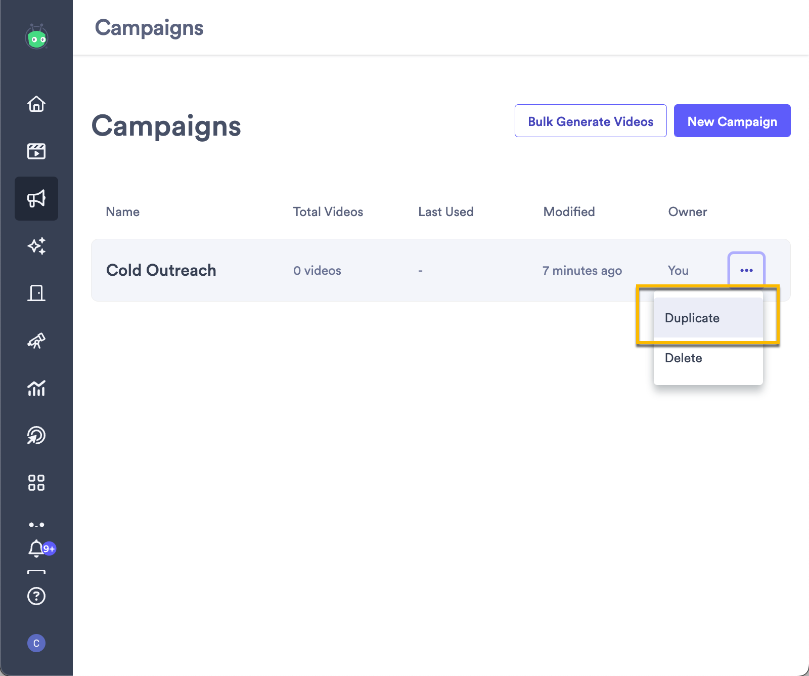 Campaign highlighted in a list with menu open and duplicate option highlighted