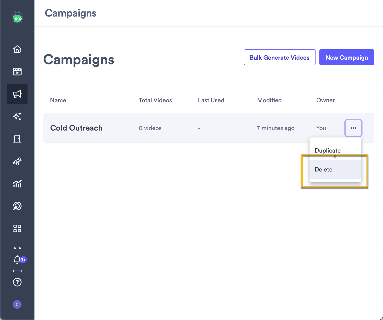 Campaign highlighted in a list with menu open and delete option highlighted