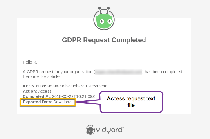 Email response to user who submits a GDPR data subject request. Includes receipt ID, description of action, completion date, and text file (for access requests) 