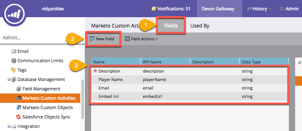 Steps in Marketo Admin Console to create to fields for Vidyard Lead Conversion custom activity