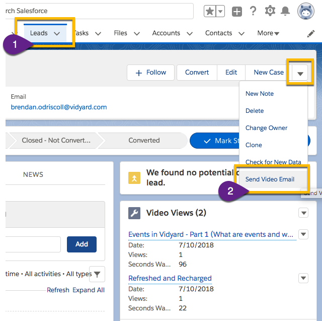An open lead record in Salesforce, indicating the Send Video Email button