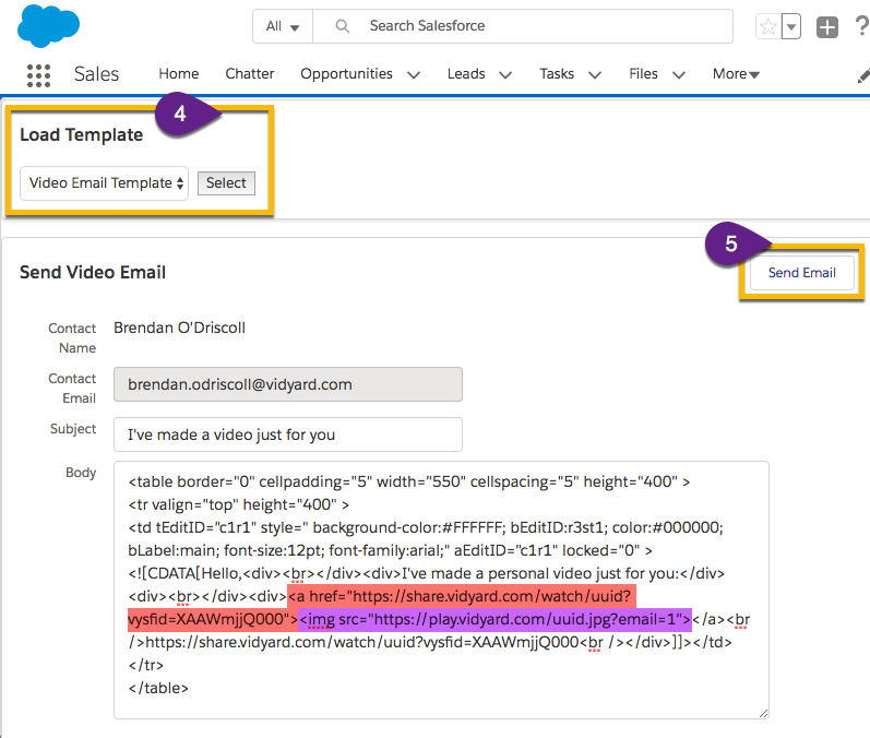 Using a pre-made template as part of the workflow to send a video to a contact