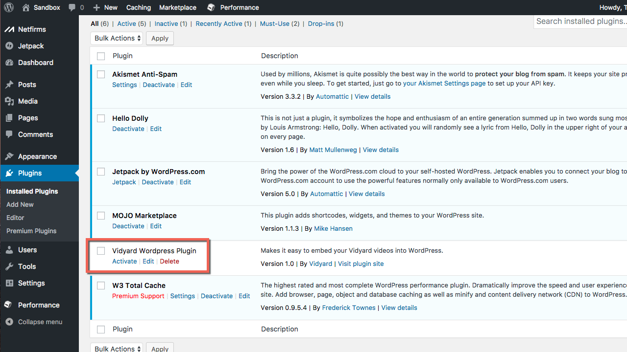 Vidyard WordPress line item with activate button
