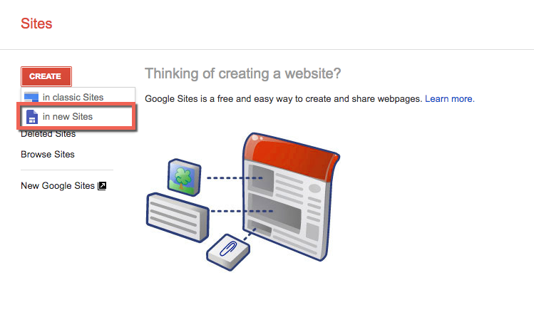 Google Sites main page. Option to create a new website.