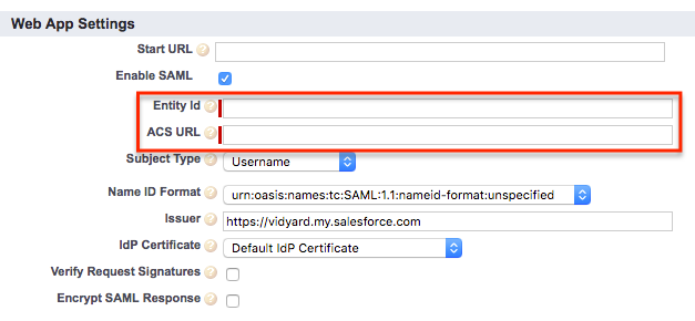 Under Web App Settings in Salesforce are the Entity ID and ACS URL fields. 
