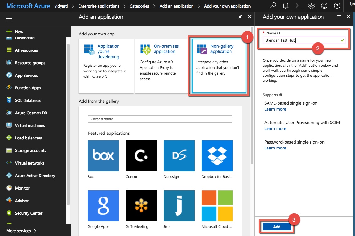 Steps to name and add your new application to Microsoft Azure