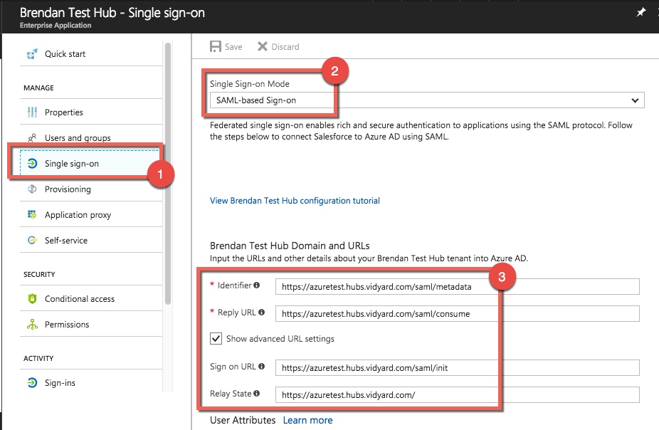 Single Sign-On settings for your new application in Azure, including SAML URLs required from Vidyard