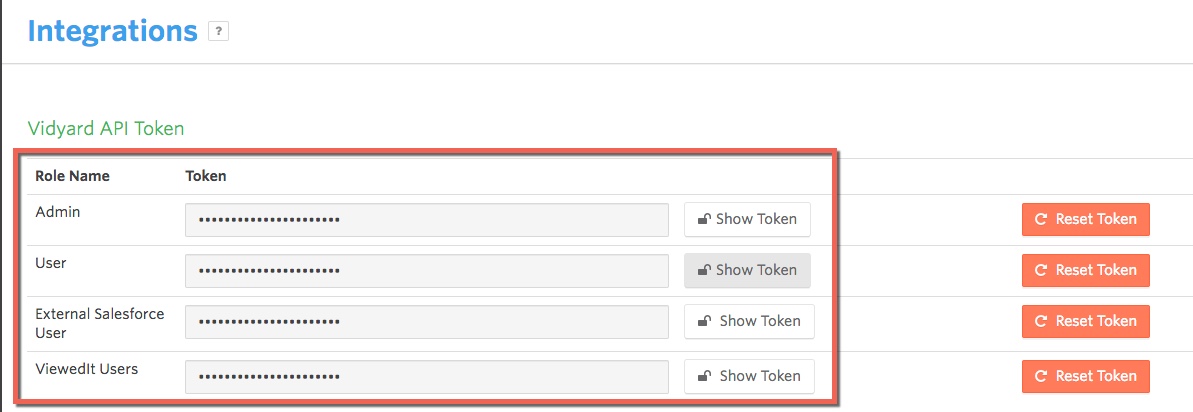 Vidyard API tokens provided within the Integrations interface