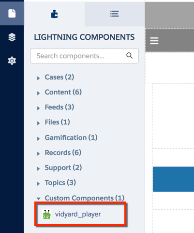 The Vidyard Player component is at the bottom of the components list, under a heading called 'custom components'. 