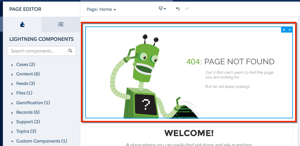 The Vidyard component is installed in the Community page, but a 'page not found' V-bot page is showing, since there is no player yet.