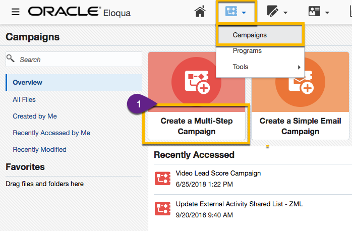 Steps from Eloqua dashboard to create a new campaign