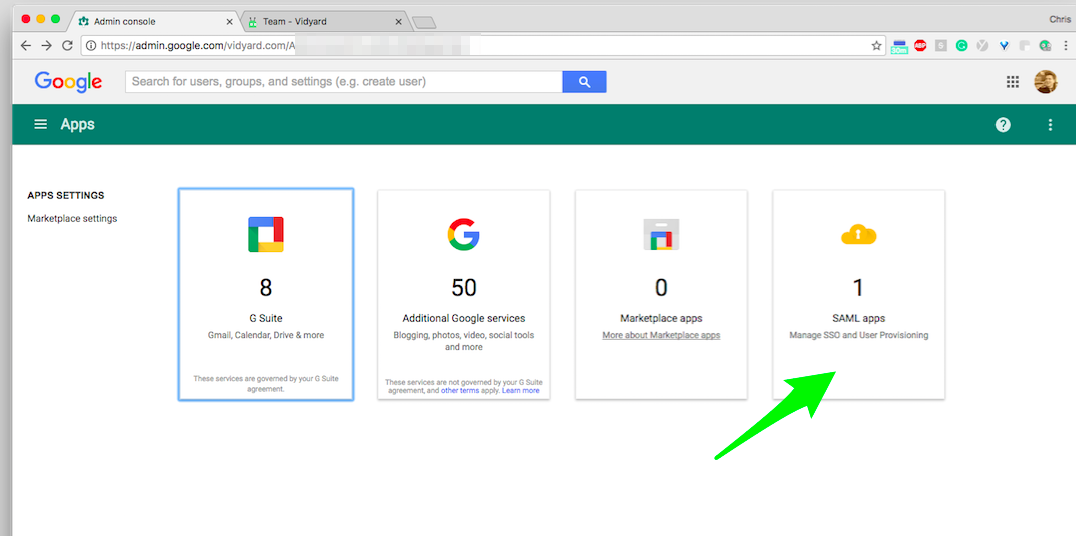 Google SAML apps option is in the App Settings