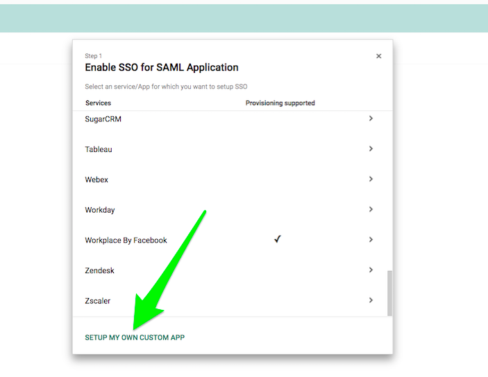 Setup my own custom app button is at the bottom of Google Setup Step 1
