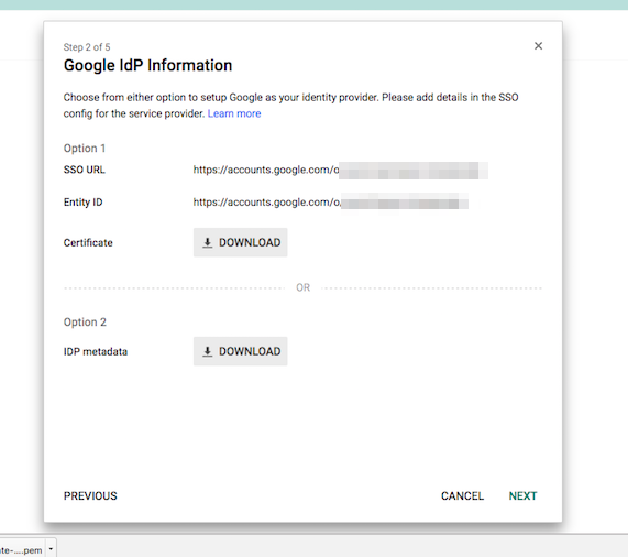The Google IdP information is displayed. 