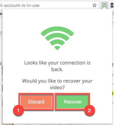 Vidyard prompt that appears when reopening the Chrome extension and a video is able to be recovered. Options: recover or discard.