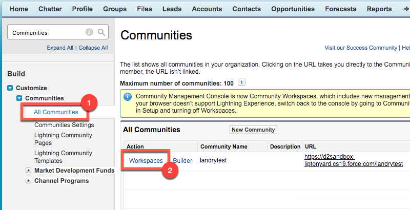 Steps from Salesforce Classic Dashboard to access community workspace settings