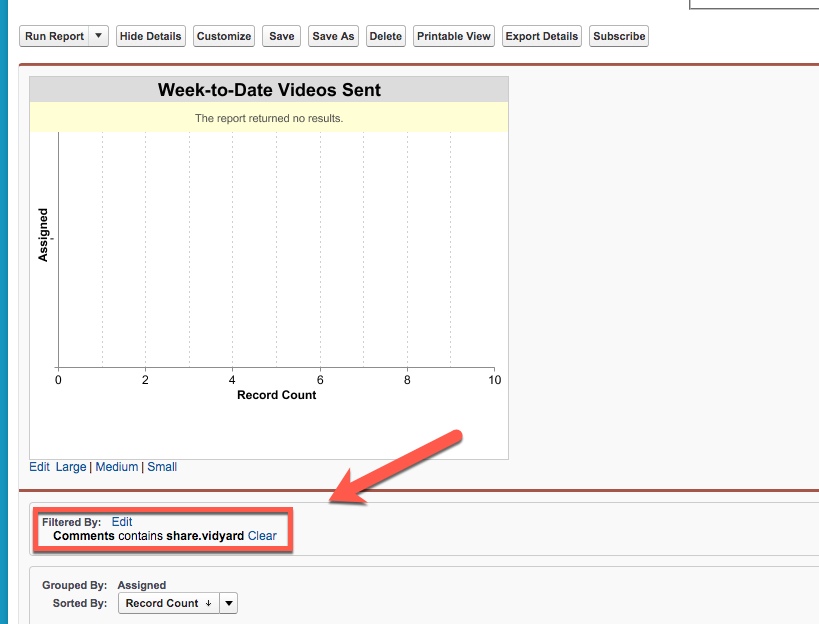 Week-to-Date Videos Sent report, demonstrating how to edit the filter for share.vidyard.com