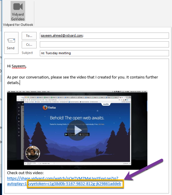 The vyetoken appended to the URL of video inserted into the Outlook email compose window