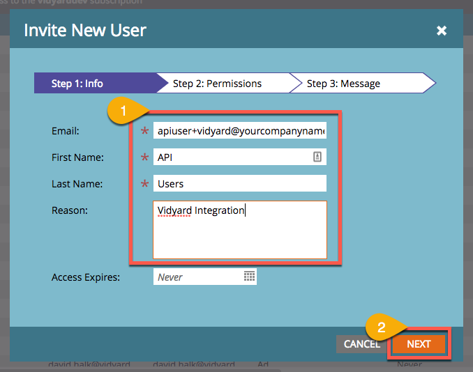 Steps in Marketo to create new users; image indicates information to provide, including email address, first and last name