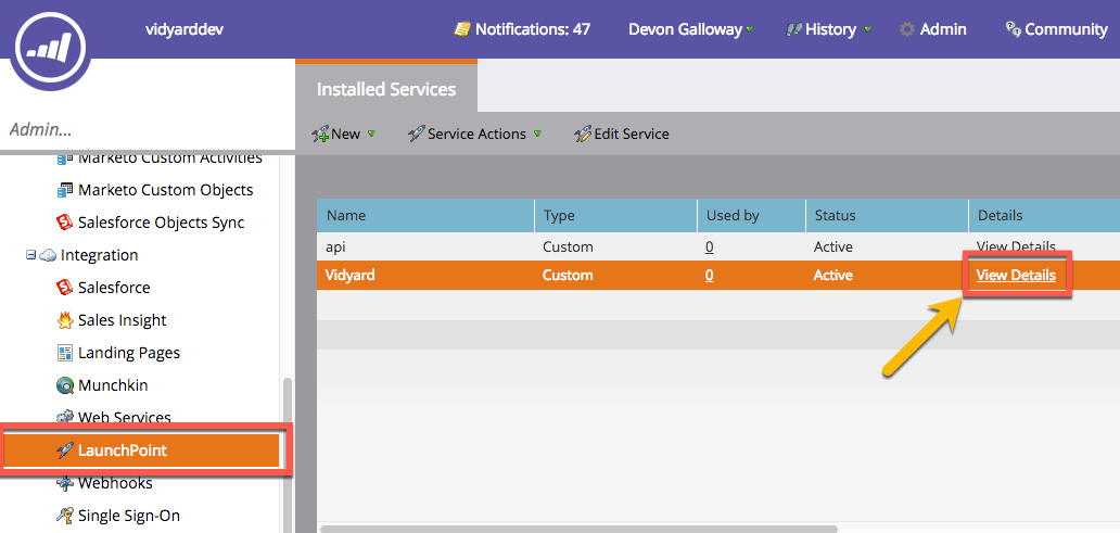 View of Installed LaunchPoint Services in Marketo with option to View Details (this provides Client ID and Client Secret)