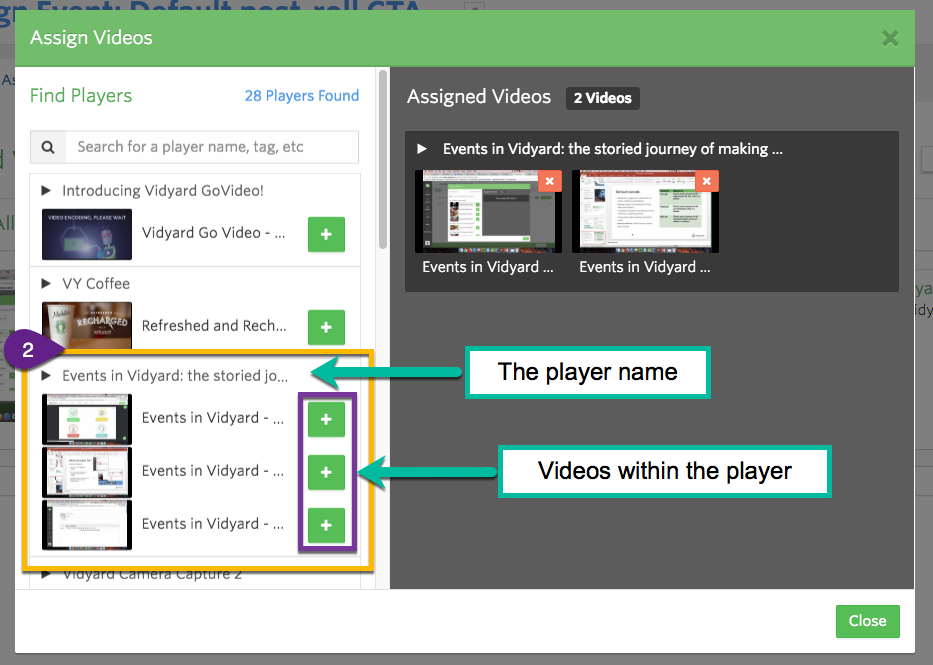 Interface to assign events to video, indicates list of videos by player as well as search bar to find specific videos