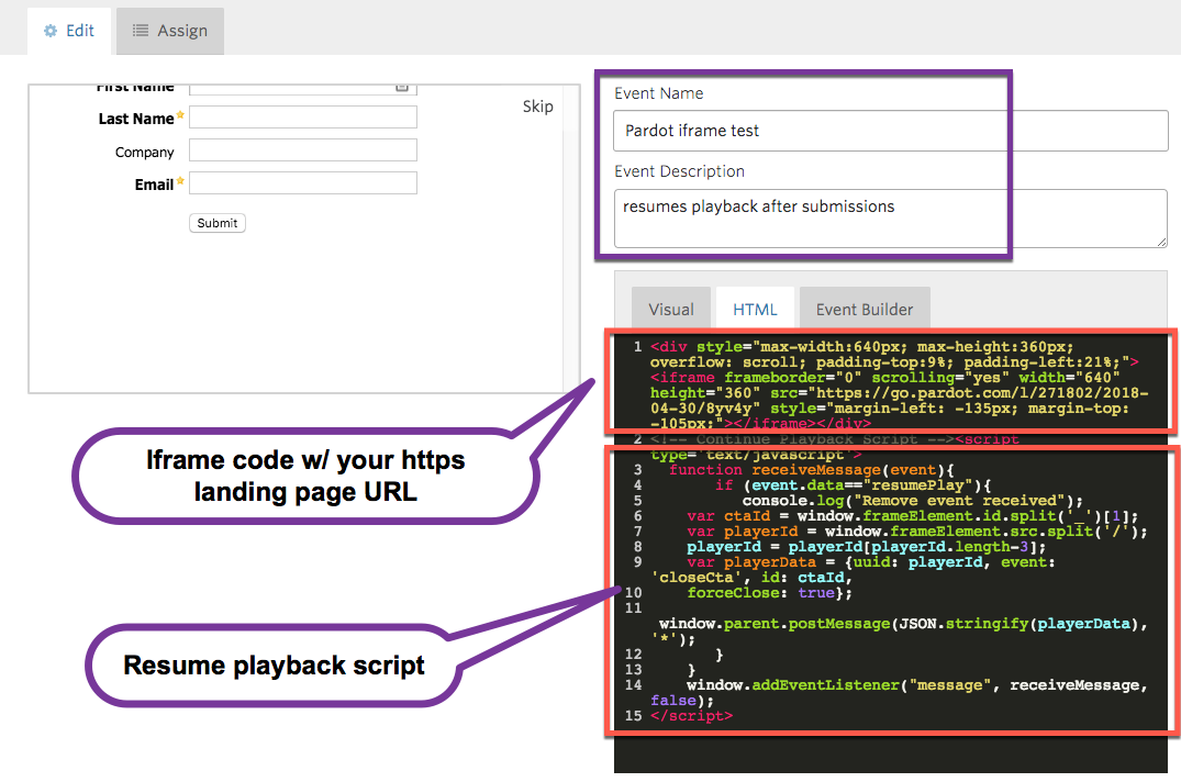 Vidyard event editor, demonstrating a complete example of the iframe code and playback script together