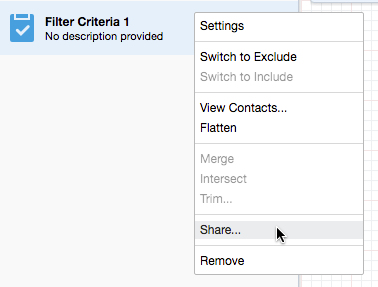 Right click on the filter in the left menu, then select Share... from the dropdown menu.