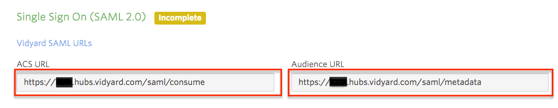 A view of the ACS URL and Audience URL fields.