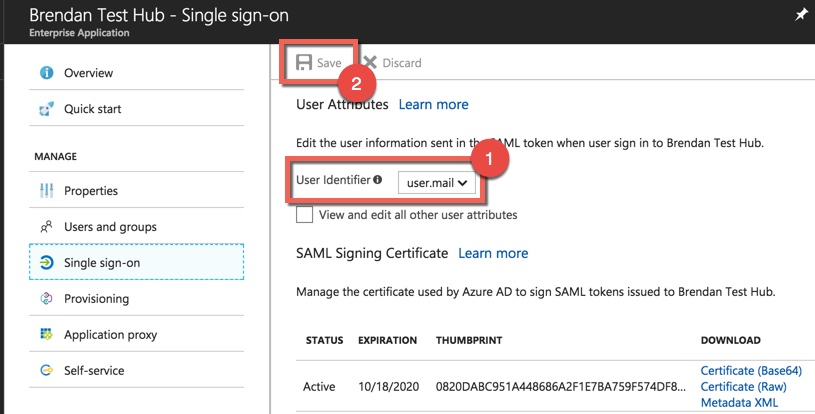 Application Settings, demonstrating how to select user.mail as the information sent in the SAML token when signing into your app. Indicates then to click Save.