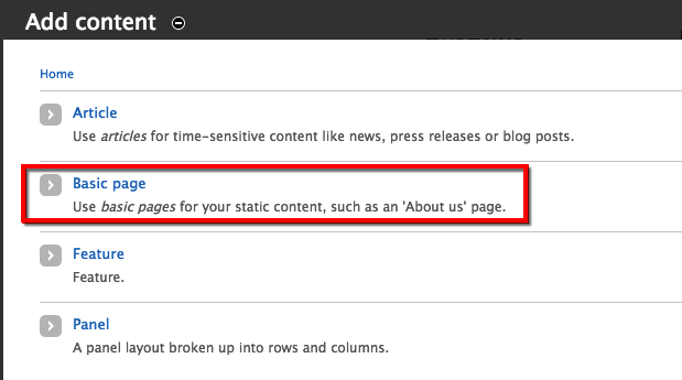 Selecting Basic page from a list of page options. 