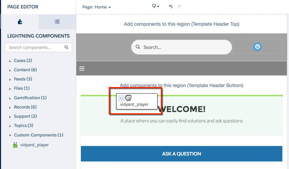 The Vidyard component is being dragged onto the page. 