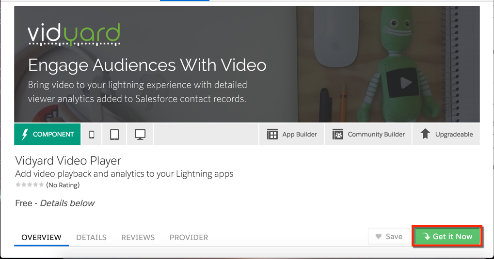 Vidyard Video Player lightning component listing on the Salesforce AppExchange.