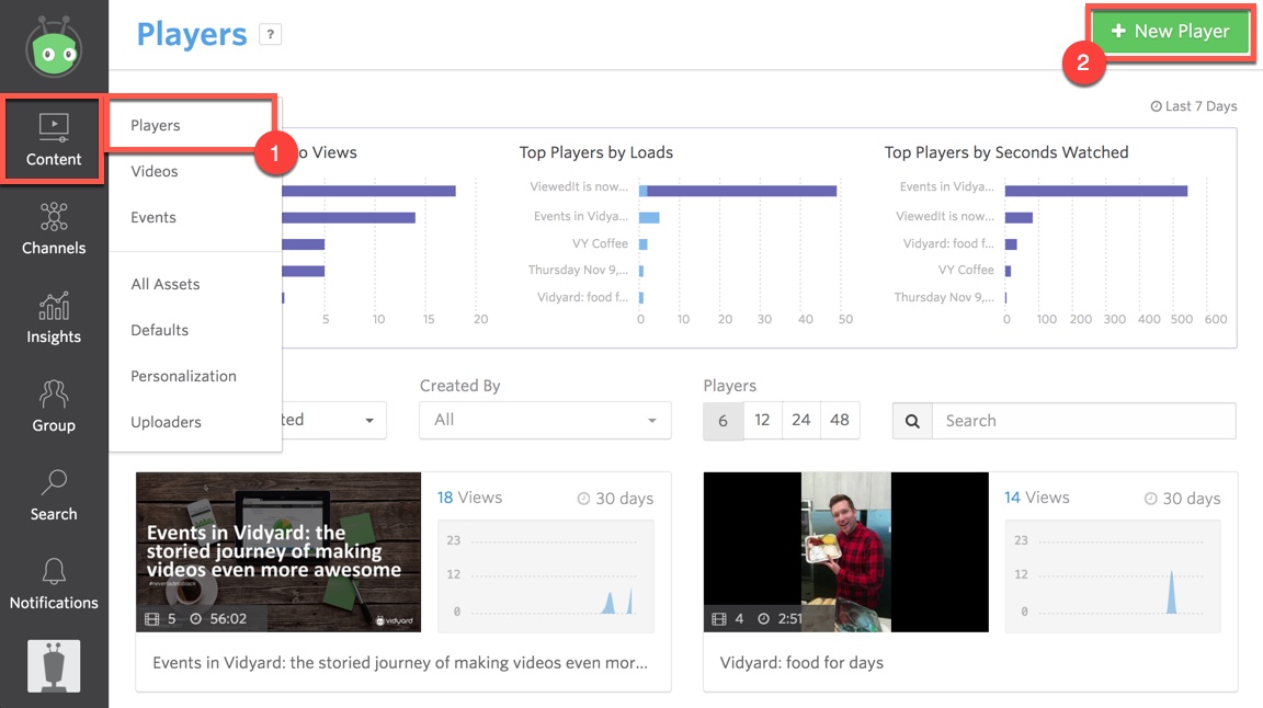Steps from the Vidyard dashboard to create a new player