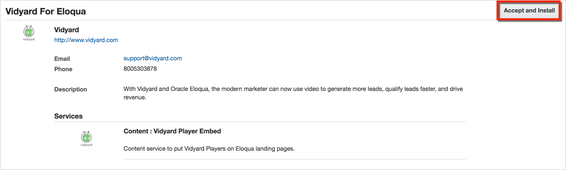 A permissions page to install Vidyard for Eloqua. Click Accept and Install.