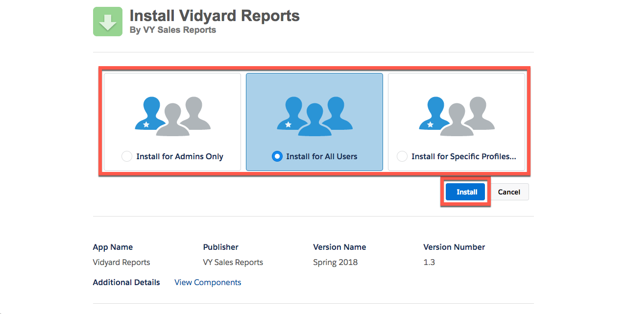 Salesforce package installation screen, options to choose users for whom the package becomes available
