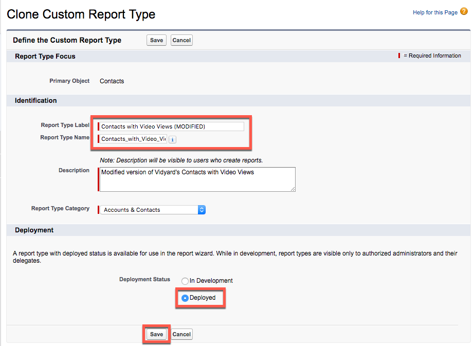 Salesforce interface for cloning a report type; indicates where to modify report type label and name