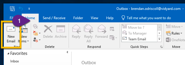 The New Email button in the top left-hand corner of the Outlook inbox options panel