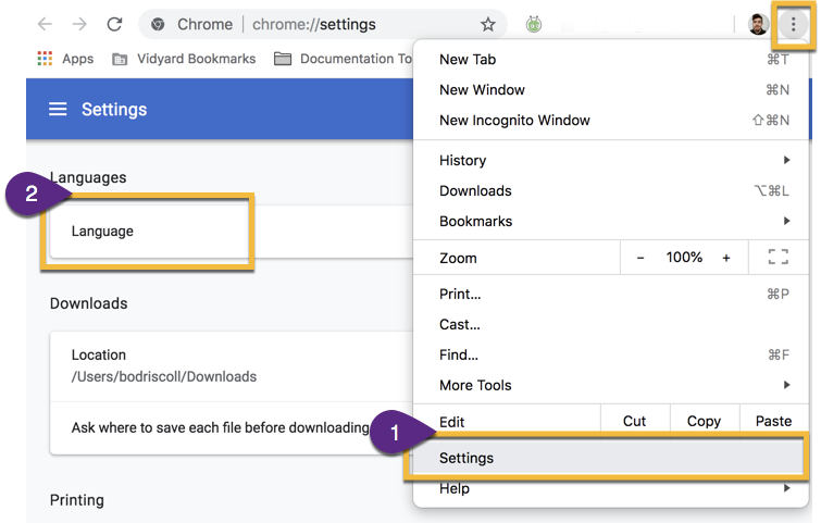 Opening the setting menu in Chrome to change browser language