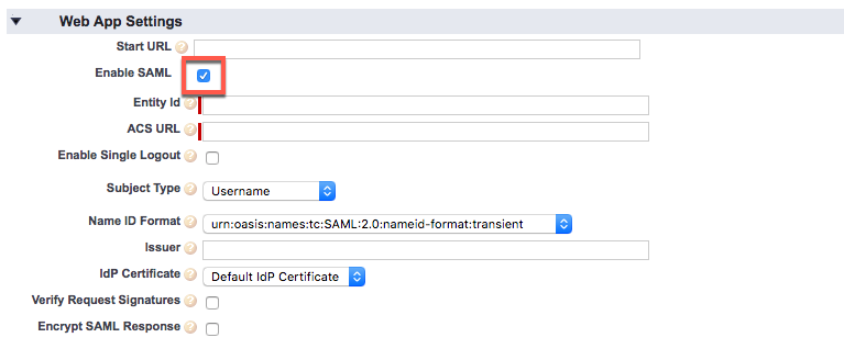 The Enable SAML checkbox is checked.