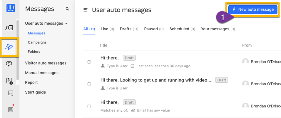 Creating a new auto message in Intercom