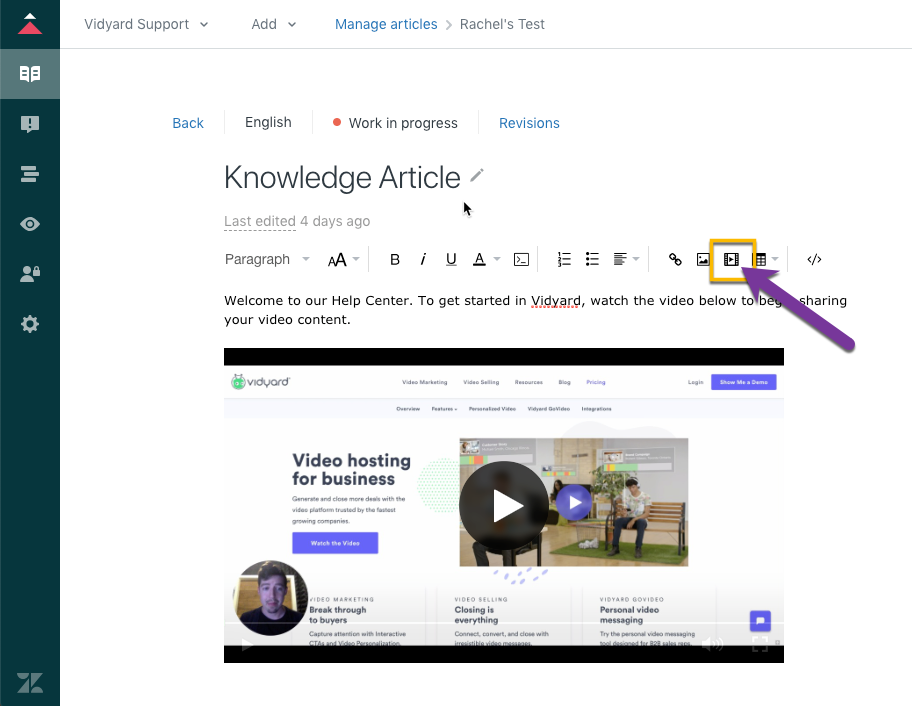 Using the Add Video function in a Zendesk Guide article